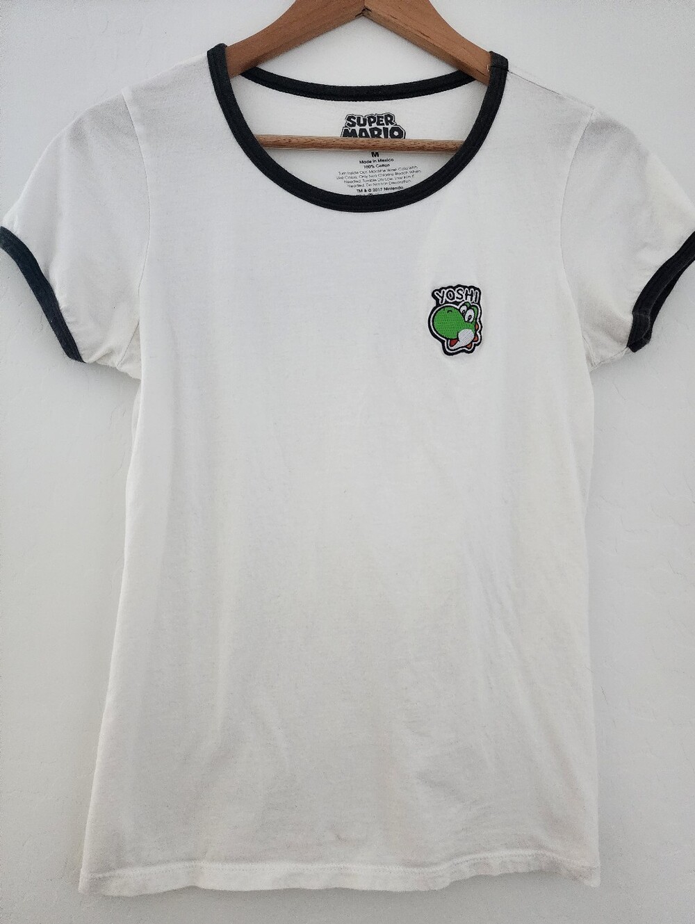 Nintendo White Tee with Black Trim and Green Yoshi Patch, Medium